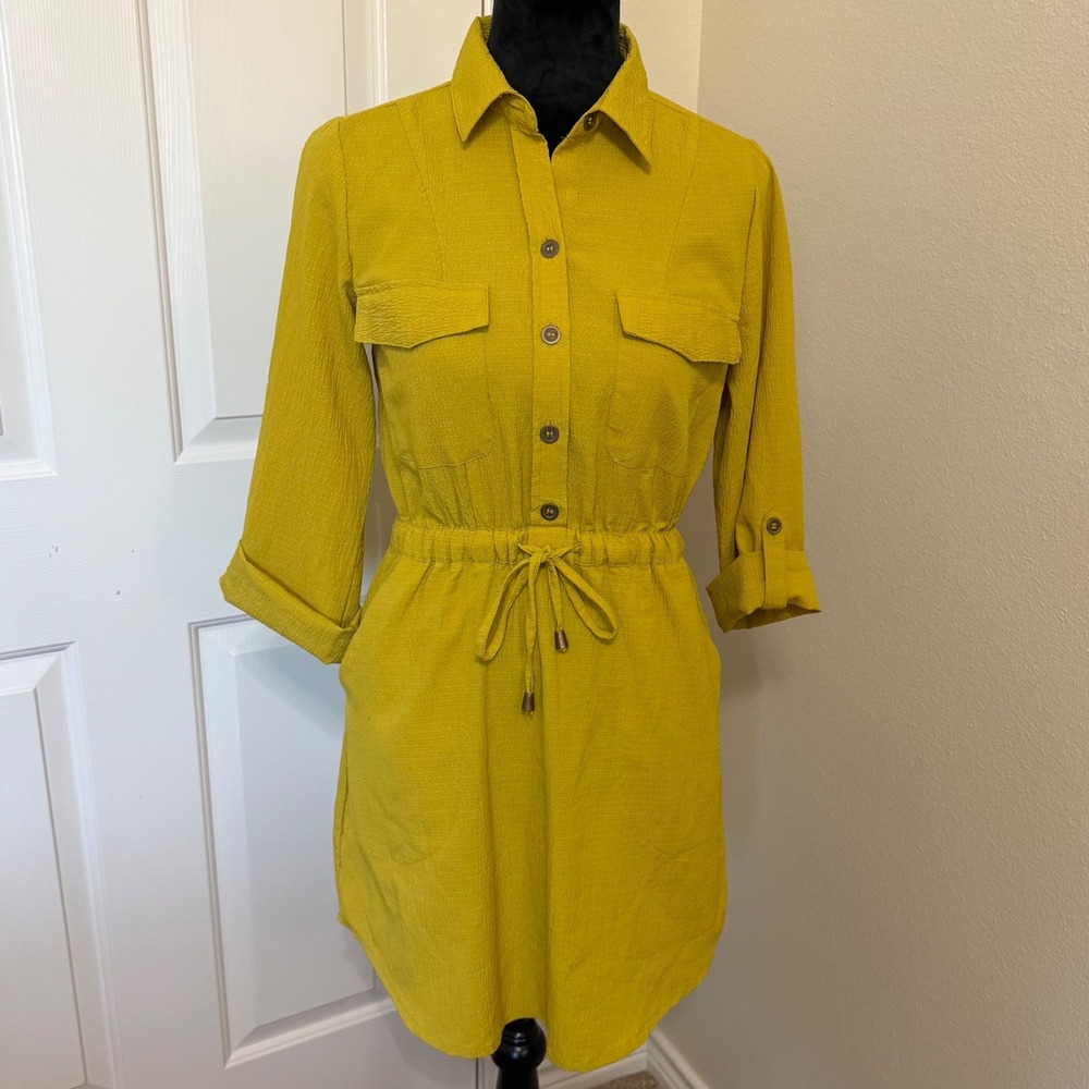 Indulge Instyle Mustard Yellow Button Front Utility Shirt Dress Womens Medium